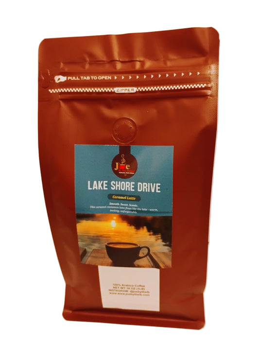 Coffee bag labeled 'Lake Shore Drive' with a sunset design on a white background