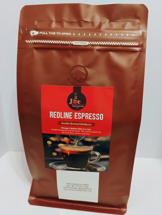 Coffee bag labeled 'Redline Espresso' on a white background